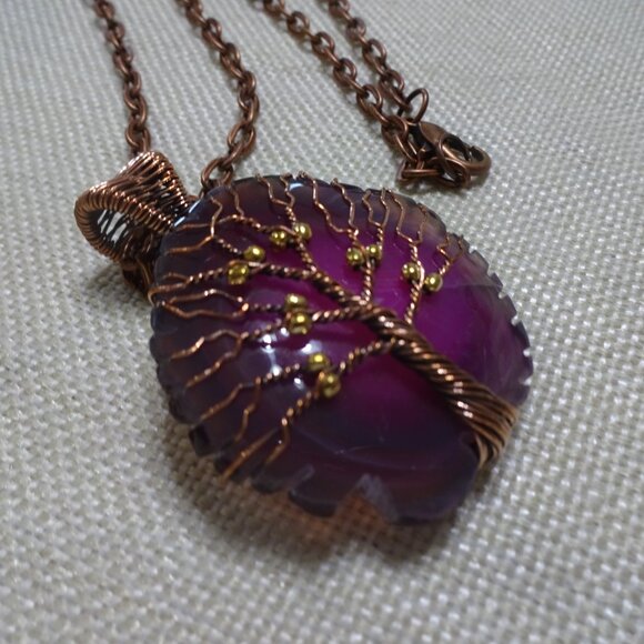 Rustic PINK SOLAR AGATE Handmade COPPER WIRE-WRAPPED TREE Pendant/Chain #216C - Picture 3 of 3